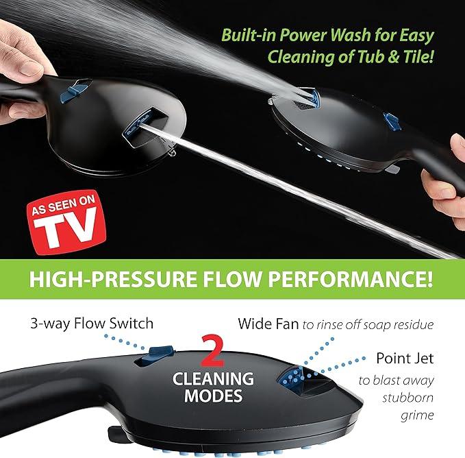 AquaCare High Pressure 8-mode Handheld Shower Head - Anti-clog Nozzles, Built-in Power Wash to Clean Tub, Tile & Pets, Extra Long 6 ft. Stainless Steel Hose, Wall & Overhead Brackets - ModernBath