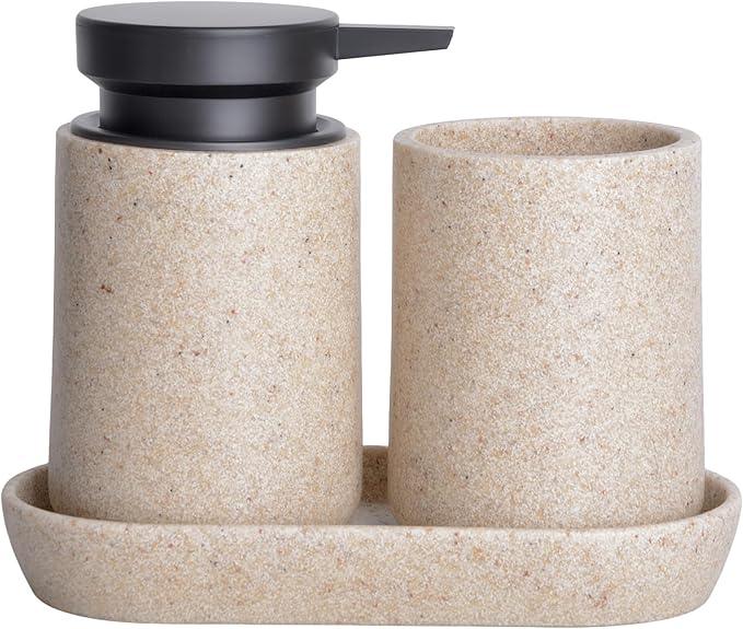 Clasin Home 3 Pcs Bathroom Accessories Set, Liquid Soap Dispenser with Large Pump, Toothbrush Holder Cup and Soap Dish, Sandstone Texture Bathroom Counter Set for Modern Home (Beige) - ModernBath