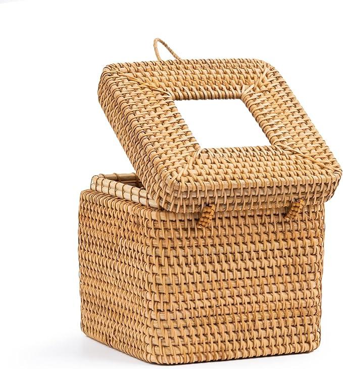 Rattan Square Tissue Box Cover- 5.7" x 5.7" x 5"-Decorative Woven Facial Tissue Holder with Hinged Top Lid- Facial Box for Home, Office,Bathrooms, Decoration (Yellow) - ModernBath