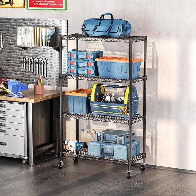 SINGAYE 4 Tier Adjustable Storage Shelf with Wheels Heavy Duty Shelving Unit Rack Shelves Wire for Garage Office Pantry Kitchen 14" Dx36 Wx58 H 1400LBS Black - ModernBath