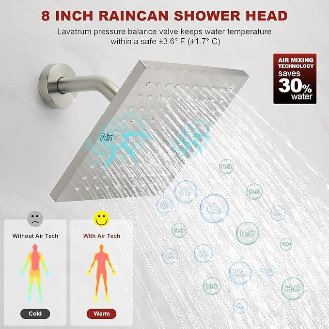 Lavatrum Brush Nickel Premium Shower Head With Valve Set Single Spray Wall Mount 8 Inch Rainfall Square Shower Faucet with Rough-in Valve and Trim Kit for Bathroom - ModernBath