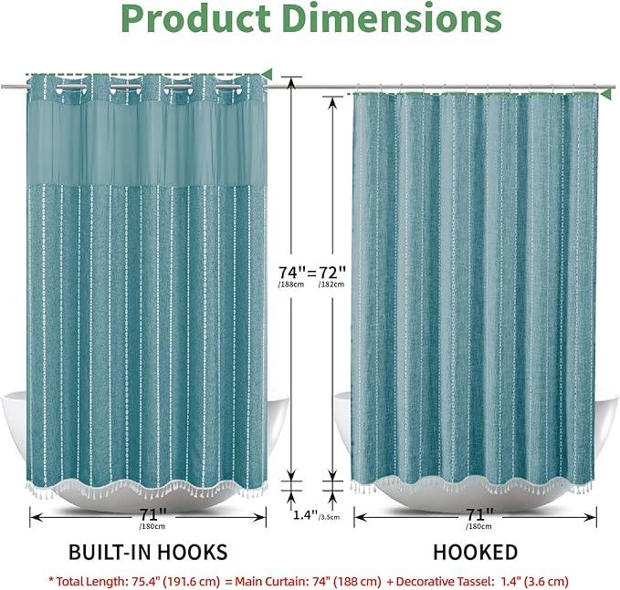 eachope Boho Farmhouse No Hook Shower Curtain Set with Snap-in Fabric Liner,Heavy-Duty Linen Textured Rustic Striped Design,Water-Repellent with Tassels and Sheer Window,Teal,71x74 - ModernBath