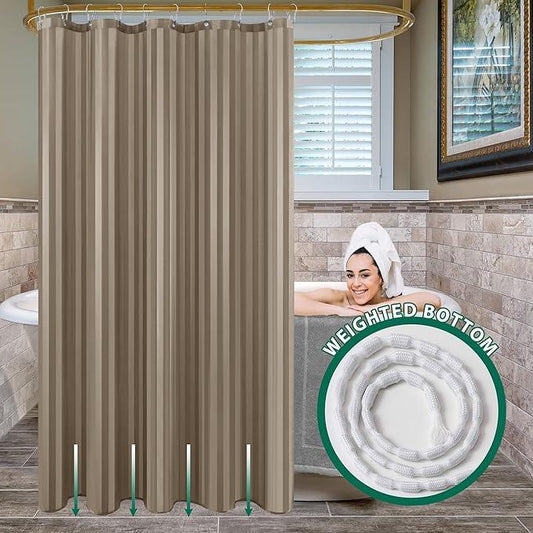 Biscaynebay Fabric Shower Curtain or Liner 72" by 72", Taupe Water Repellent Damask Stripes Bathroom Curtains Machine Washable - ModernBath