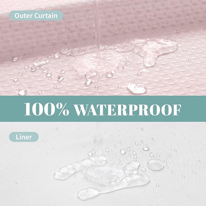 eachope BlushPink No Hook Waffle Weave Shower Curtain with snap-in Liner Replacement, 230GSM Waterproof Fabric Hotel Shower Curtain Set for Bathroom, Through Mesh Top Window,71Wx74H - ModernBath
