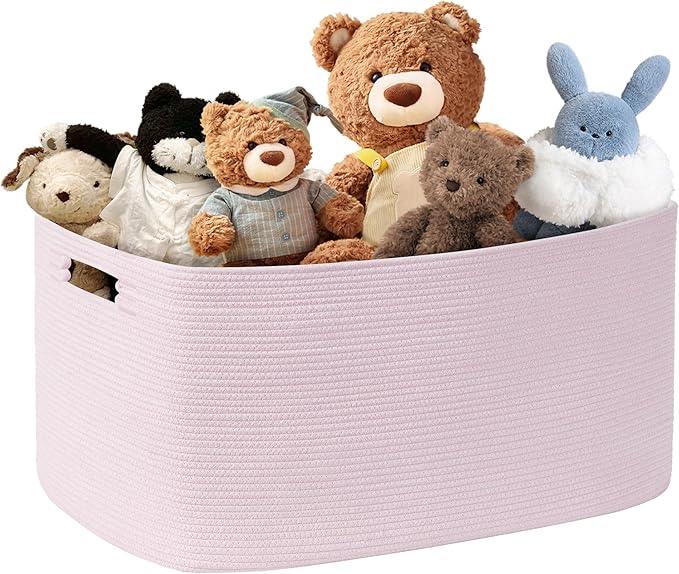 60L Small Baby Girls Laundry Basket for Nursery Storage,Cute Woven cotton Rope Baskets for Kids Toy，Gifts, Boho Square Wicker Blanket hamper for Living Room,Bedroom Dirty Clothes,Pink - ModernBath