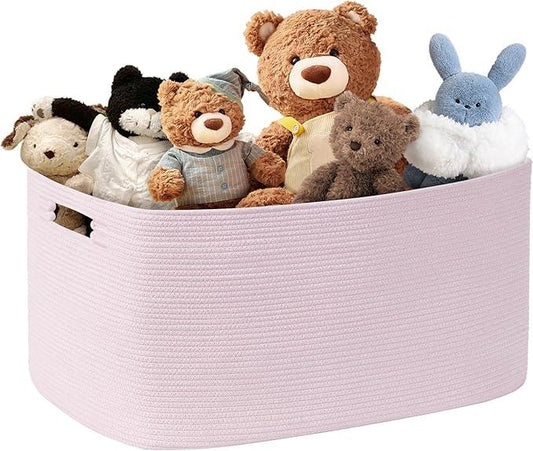 60L Small Baby Girls Laundry Basket for Nursery Storage,Cute Woven cotton Rope Baskets for Kids Toy，Gifts, Boho Square Wicker Blanket hamper for Living Room,Bedroom Dirty Clothes,Pink - ModernBath