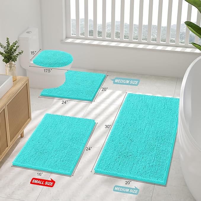 Smiry Luxury Chenille Toilet Rugs U-Shaped 24x24, Soft Absorbent Non-Slip Contour Bathroom Rugs for Toilet, Machine Washable Contoured Bath Mats, Turquoise - ModernBath