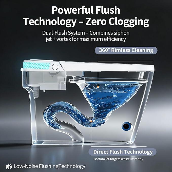 ZAOZUO Smart Toilet with Bidet Built-In, One Piece Toilet with Foot Sensor, Heated Bidet Seat, Dual Flush Remote, Electric Tankless Toilets with 4 Washing Modes, Child Mode, Self-Cleaning Nozzle - ModernBath