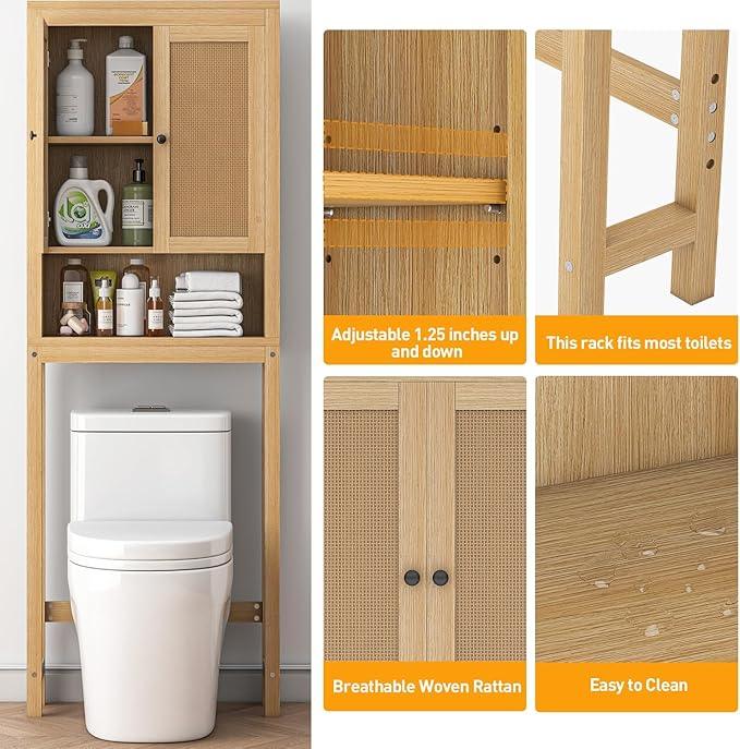 knoworld Rattan Over The Toilet Storage Cabinet, Above Toilet Bathroom Organizer with Adjustable Shelf, Behind Toilet Cabinet, Space Saver for Restroom, Bathroom, Laundry, Wood Rack, Natural - ModernBath