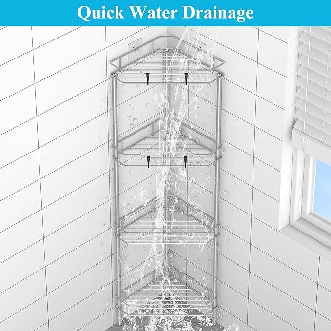4 Tier Floor Standing Corner Shower Caddy Organizer Shelf with Hooks, Bathroom Shelves Stand Rack, Silver - ModernBath