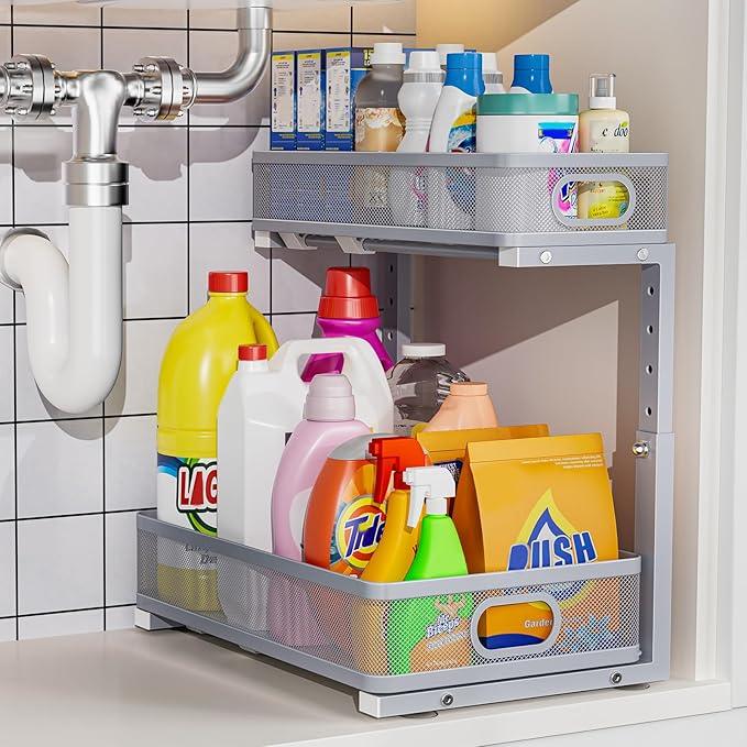 Under Sink Organizer, High Adjustable 2 Tier Under Sink Organizers and Storage, Slide Out Metal Cabinet Organizers, Pull Out Sink Storage Drawer Shelf for Kitchen Bathroom Cabinet, Grey, 1 Pack - ModernBath