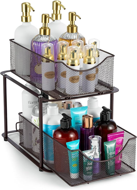 Sorbus 2 Tier Metal Under Sink Organizer for Bathroom, Kitchen, Strong Steel Mesh Sliding Drawers for Under Sink, Under Cabinet, Closet, Kitchen, Pantry, Bathroom Organizers and Storage (Brown)