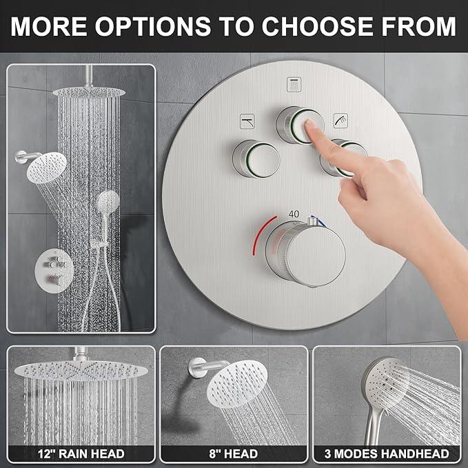 KOJOX Brushed Nickel Thermostatic Shower System, Push Button Diverter Shower Faucet Set with 12" Ceiling Mount Rain Shower, 8" Wall Mount Shower Head, and 3-in-1 Handheld Spray - ModernBath