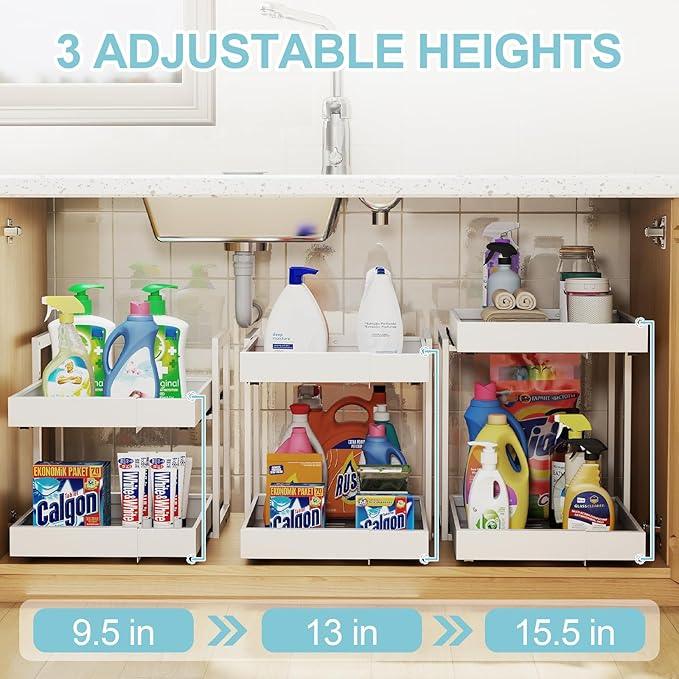 Golener 2-Tier Expandable Pull Out Cabinet Organizer - Slide Out Drawers for Kitchen Cabinets, Bathroom Organizers and Storage, Under Sink Organizer for Kitchen Storage Organization, White Metal Frame - ModernBath