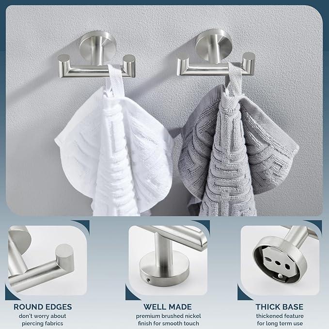 Angle Simple Towel Hook Brushed Nickel 2 PCS, SUS304 Stainless Steel Double Robe Hook, Bathroom Towel Holder, Wall Mount - ModernBath