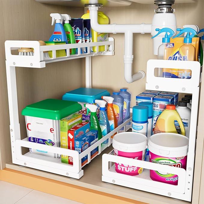 Under Sink Organizer 2 Pack, Metal Large Capacity 2-Tier Sliding Cabinet Storage Rack, Heavy-Duty Rust-Resistant Steel Frame, Holds 50 lbs Each, Adjustable Height 12–16", 14"D x 11"W for Home, White - ModernBath