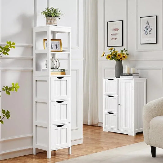Yaheetech Bathroom Tall Cabinet, Slim Storage Cabinet, Narrow Freestanding Floor Cabinet with 3 Drawers & 2 Shelves, Linen Tower for Small Space, 12" D x 12" W x 56" H, White - ModernBath