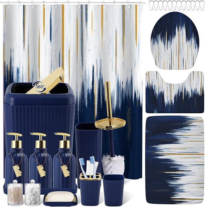 WSBArt 32PC Bathroom Sets with Shower Curtain and Rugs-Navy Blue Bathroom Accessories,Non Slip Bathroom Rugs Set with Toilet Lid Cover, Waterproof Shower Curtain, 3PC Soap Dispenser with Trash Can - ModernBath