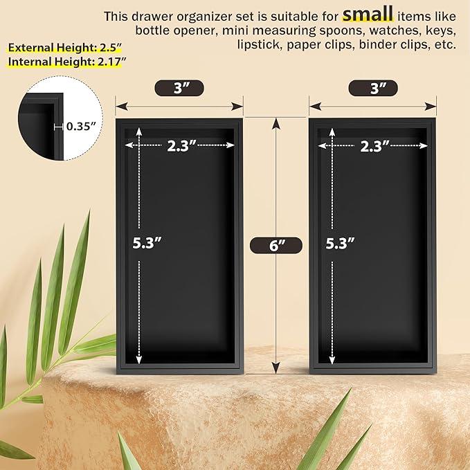Kitchen Drawer Organizer Bins, Black Bamboo Drawer Organizer Stackable for Silverware, Utensils, Cutlery, Flatware, for Junk Drawer, Dresser, Bathroom, 6" x 3" x 2.5" (Set of 2) - ModernBath