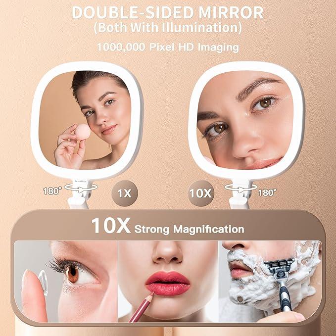 Beautifive 6.3” Makeup Mirror with Light and Magnification, 10X/1X Light Up Makeup Mirror Lighted Make Up Mirror with Adjustable Height Double Sides Folding Magnifying Mirror with Light - ModernBath