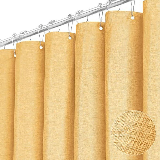 BTTN 78 Inch Long Shower Curtain - Linen Textured Heavy Duty Fabric Shower Curtain Set with 12 Plastic Hooks, Wrinkle Free, Machine Washable, Neutral Cloth Spa Bath Curtains for Bathroom, 72x78, Gold - ModernBath