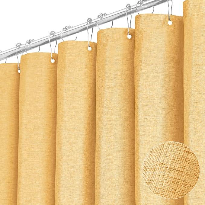 BTTN Gold Fabric Shower Curtain - Linen Textured Weighted Cloth Shower Curtain Set with 12 Plastic Hook, Machine Washable, Modern Hotel Spa Luxury, Decorative Neutral Bath Curtains for Bathroom, 72x72 - ModernBath