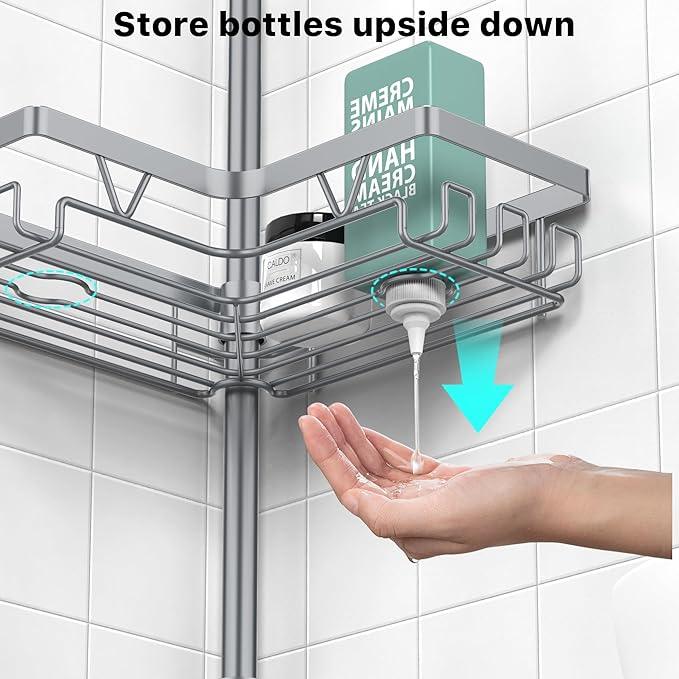 KEGII 4-Tier Corner Shower Caddy Tension Pole - Adjustable Shower Tension Rod Organizer, Floor to Ceiling Shower Caddy 25-114.2 inch, Shower Towel Rack Corner Waterproof, Light Gray - ModernBath