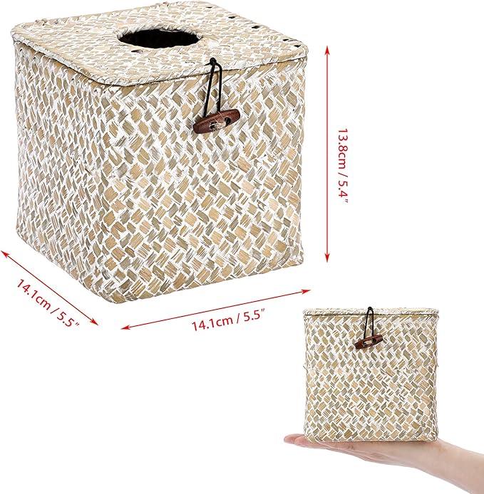 Sumnacon Tissue Box Cover Square Seagrass Tissue Box with Lid, Woven Tissue Box Holder Rustic Cube Tissue Cover for Bathroom Toilet Bedroom Living Room Kitchen Table Desk Office Car, Whitewash - ModernBath