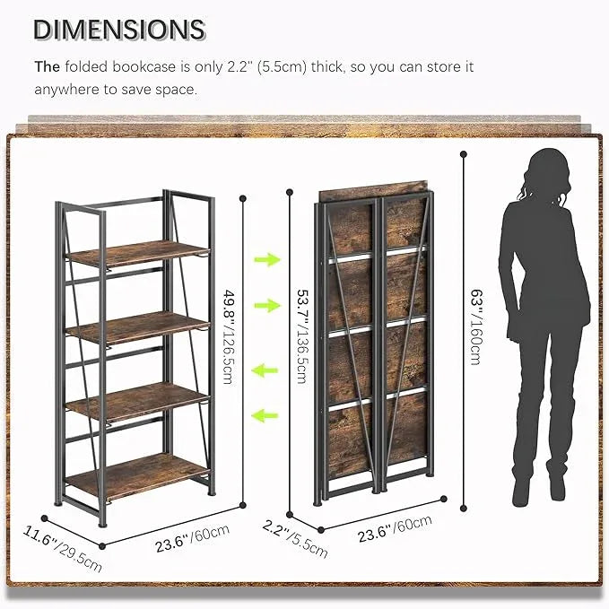 4NM No Assembly Folding Bookshelf Storage Shelves 4 Tiers Vintage Bookcase Standing Racks Study Organizer Home Office (Rustic Brown Black) - ModernBath