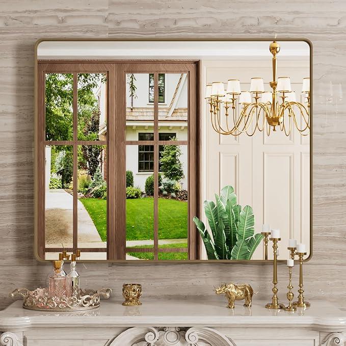 JISOSO Bronze Bathroom Mirror 40x32 Inch, Brushed Bronze Metal Frame Mirror for Wall, Rounded Rectangle Bathroom Vanity Mirror with Tempered Glass, Anti-Rust, Horizontal/Vertical - ModernBath