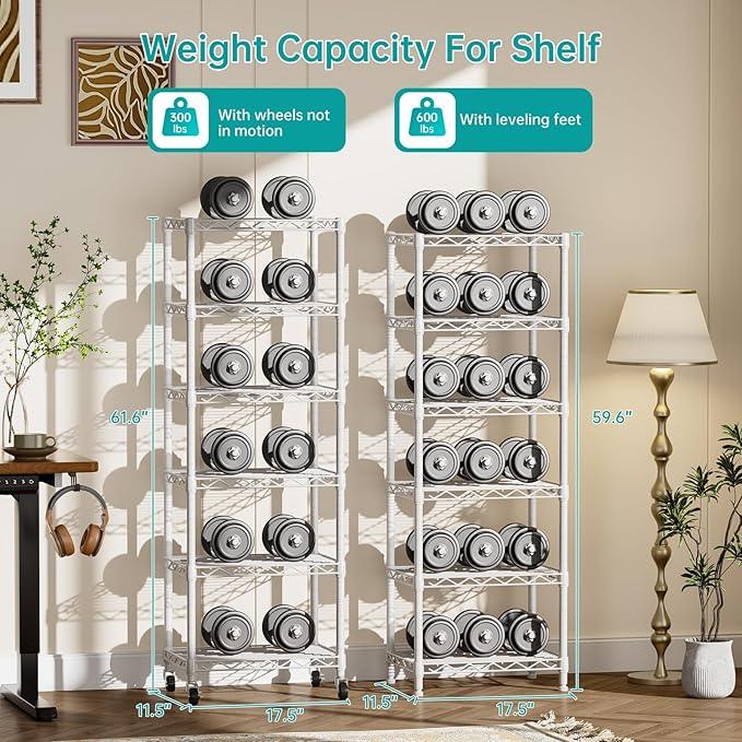 SINGAYE 6 Shelves Storage Shelf Wire Closet Bathroom Organizers Metal Pantry Kitchen Small Garage Shelving Unit Laundry Room Organization Home Narrow Rack Net Basket with Wheels White - ModernBath