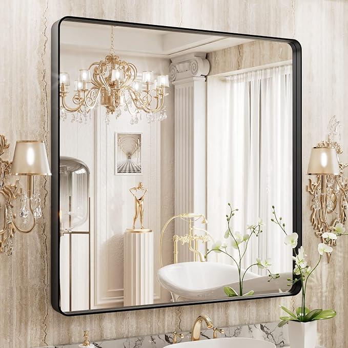 WEER 36X36 Inch Black Metal Framed Bathroom Mirror, Matte Black Bathroom Vanity Mirror, Rectangular Black Wall Mirror for Bathroom, Tempered Glass, Rounded Corner, Hangs Horizontal or Vertical - ModernBath