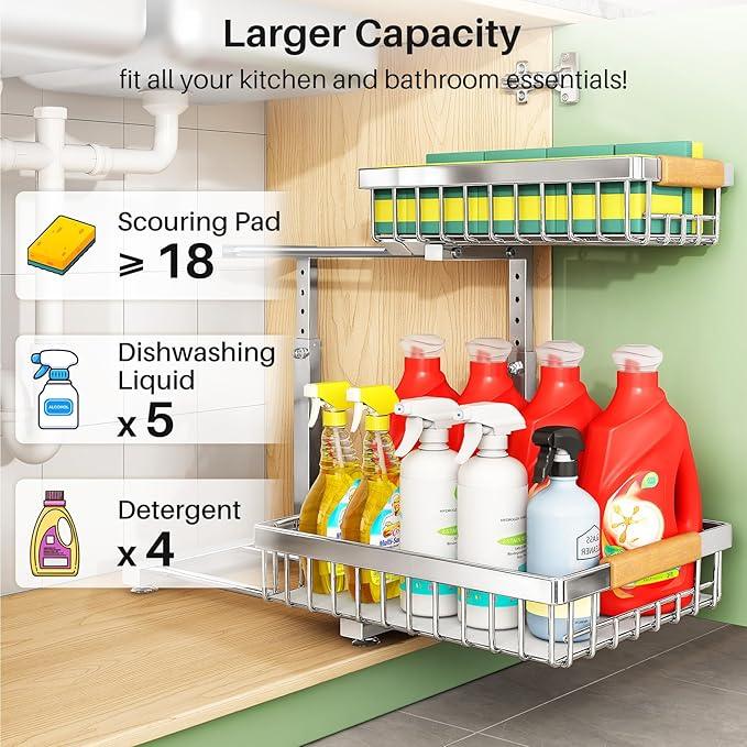 Under Sink Organizer, Stainless Steel 2 Packs 2 Tier Under Sink Organizers and Storage, Slide out Pull out Cabinet Shelf, Sliding Drawer for Kitchen Bathroom Pantry Cabinet Closet Organization Rack - ModernBath