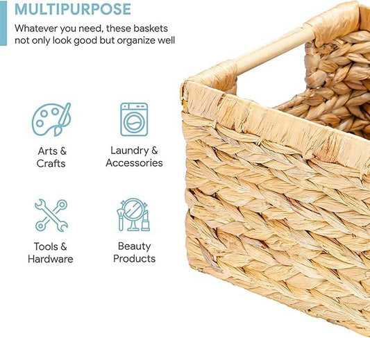 Natural Water Hyacinth storage basket with Handle, Rectangular Organizing Basket for Organizing, Decorative Wicker Storage Bins for Living Room, Medium Wicker Baskets - 3 Pack Medium - ModernBath