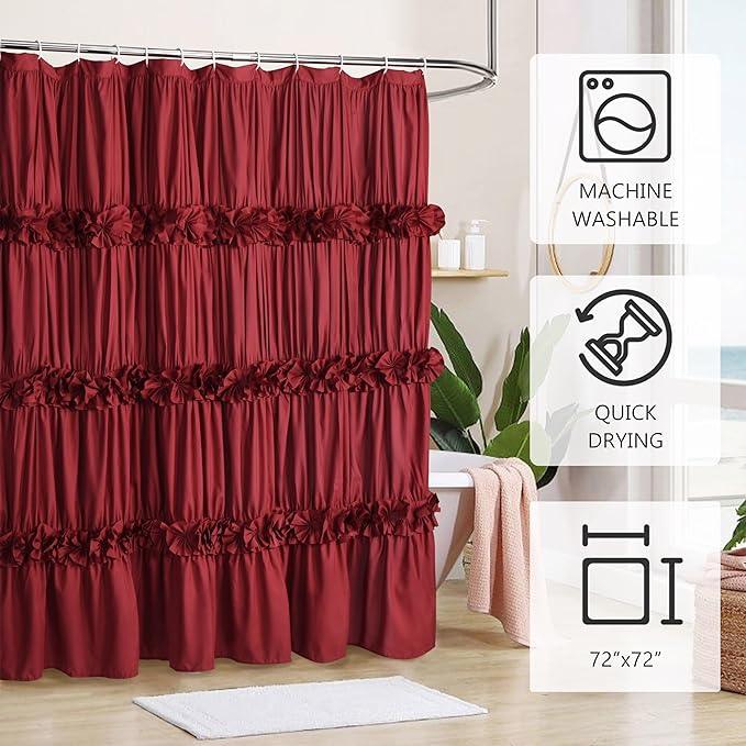 Homechoice Decor Burgundy Ruffle Shower Curtain, Vintage Handcrafted Bow Tie Bath Curtain for Master Bathroom, Ruched Microfiber Bathroom Curtain with 12 Buttonholes, 72" W x 72" H (LQ-10) - ModernBath