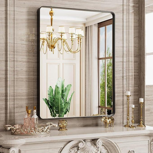 JISOSO Black Bathroom Mirror 28X36 Inch, Black Metal Framed Mirror for Wall, Rounded Rectangle Matte Bathroom Vanity Mirror with Tempered Glass, Anti-Rust, Horizontal/Vertical - ModernBath