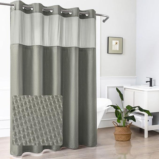 Mrs Awesome No Hook Shower Curtain with Snap-in LinerLess Time On/Off, Embossed Waffle-Look Textured Fabric Shower Curtain for Bathroom, Soft & Lightweight, 71x74, Gray - ModernBath