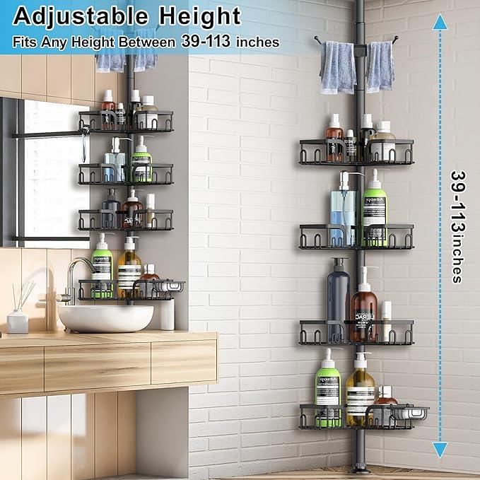 Corner Shower Caddy Tension Pole,39-113 inch Adjustable Rustproof Floor Standing Shower Organizer Shelf with 4 Basket for Bathtub,Inside Shower Shampoo Storage,Black - ModernBath