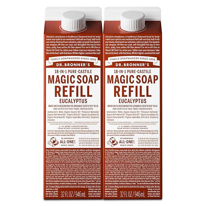 Dr. Bronner's Magic Soap-Pure-Castile Liquid Refill (Eucalyptus, 32 ounce, 2-Pack) - Regenerative Organic Certified Oils, For Body, Hair, Laundry, Pets & Dishes, Concentrated, Vegan, Non-GMO - ModernBath