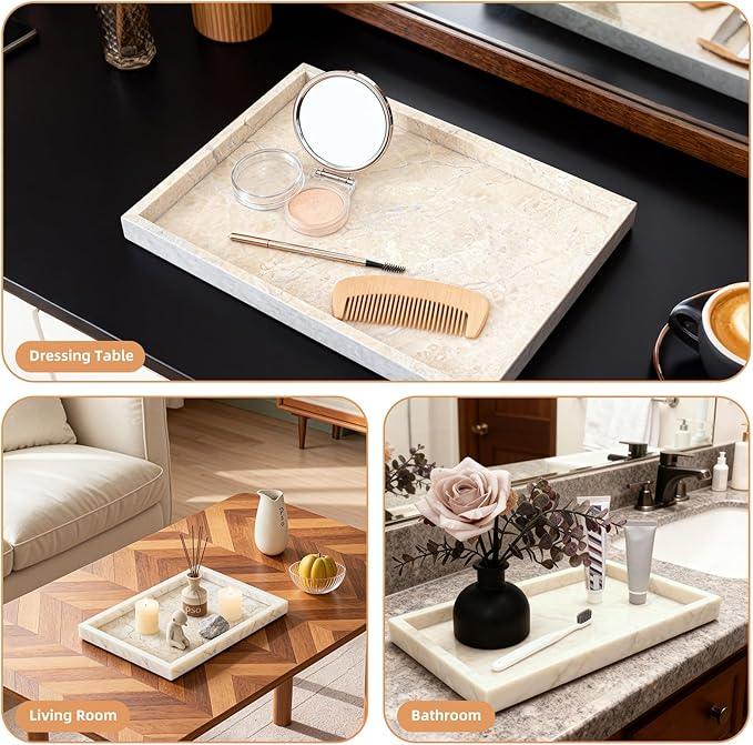 Yew & Tulip Natural Marble Vanity Tray, Luxury Stone with Beige Textures Serving Tray for Bathroom, Kitchen, Vanity, Home Decor, Wedding etc. (12" x 8" x 1.2") - ModernBath