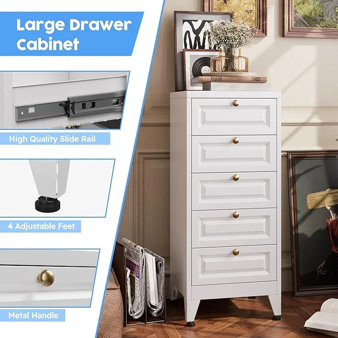 5 Drawer Dresser for Bedroom, Metal Storage Cabinet with Drawers and Leg, Vintage-Style Metal Storage Chest for Bathroom, Living Room, Required Assembly, White - ModernBath