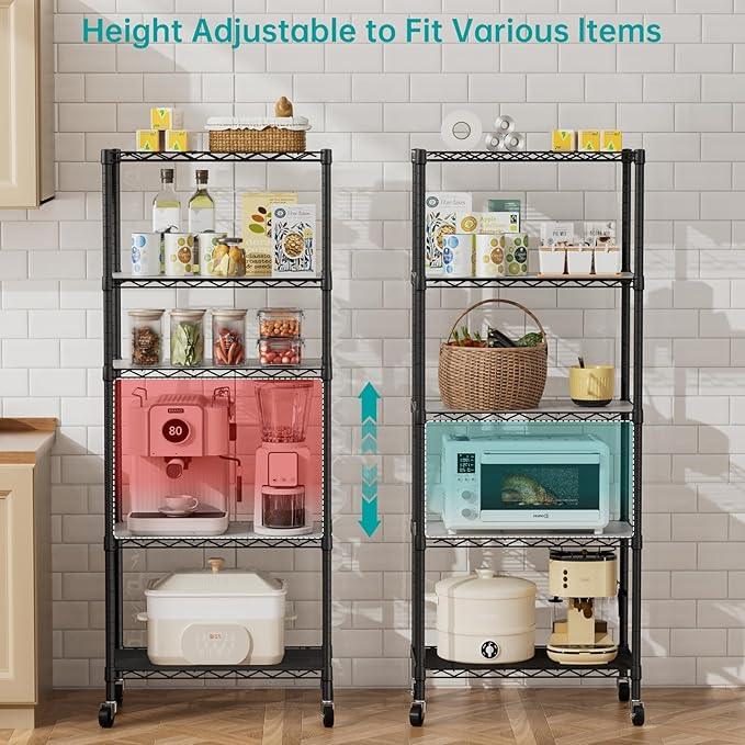SINGAYE 5 Shelves Storage Shelf Wire Closet Bathroom Organizers Metal Pantry Kitchen Garage Shelving Unit Laundry Room Organization Home Rack Net Basket Black with Wheels - ModernBath