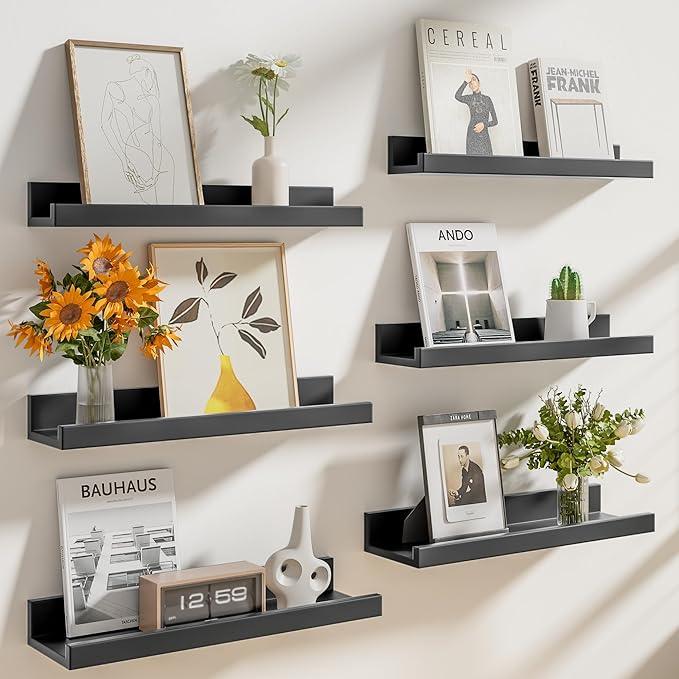 Heimlove Floating Shelves Set of 6, 16" Wall Mounted Picture Ledge, Display Shelf Organizer for Decor Storage, Wall Mounted Shelves for Living Room, Bedroom, Bathroom, Kitchen (Black) - ModernBath