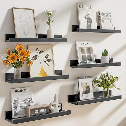 Heimlove Floating Shelves Set of 6, 24" Wall Mounted Picture Ledge, Display Shelf Organizer for Decor Storage, Wall Mounted Shelves for Living Room, Bedroom, Bathroom, Kitchen (Black) - ModernBath