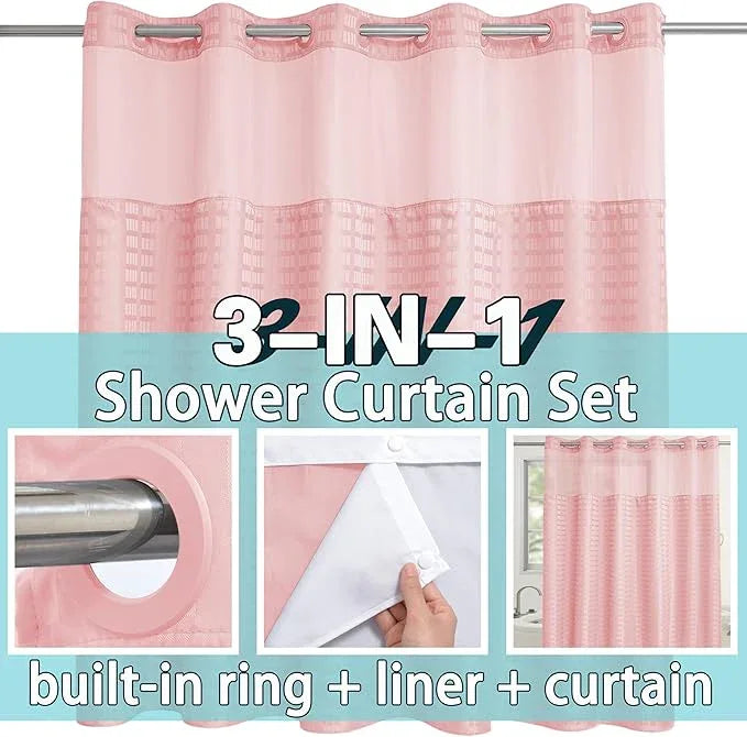 Conbo Mio Extra Wide No Hook Shower Curtain with Snap in Liner Set, 108" x 74" Hotel Luxury Pink Shower Curtains for Bathroom with See Through Top Window, Waterproof, Washable 108W x 74H - ModernBath