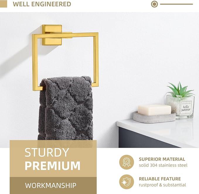 Angle Simple Hand Towel Holder Deep Brassy Gold, SUS 304 Stainless Steel Square Towel Ring for Bathroom Wall, 7.09 Inches - ModernBath