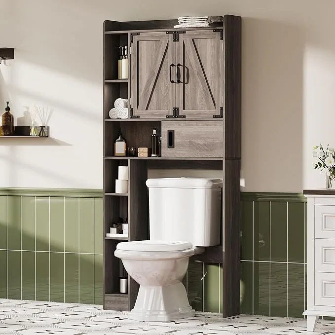 ChooChoo Over The Toilet Storage Cabinet, Farmhouse Bathroom Storage Cabinet with Sliding Door, Over Toilet Storage with Adjustable Shelves, Space-Saving, Grey - ModernBath