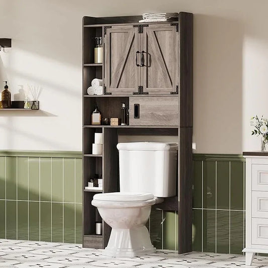 ChooChoo Over The Toilet Storage Cabinet, Farmhouse Bathroom Storage Cabinet with Sliding Door, Over Toilet Storage with Adjustable Shelves, Space-Saving, Grey - ModernBath