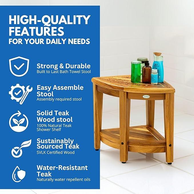 EcoDecors Teak Shower Corner Caddy 18" – Waterproof Wood Storage Organizer with Built-in Shelf and Adjustable Feet - Ideal for Small Bathrooms & Walk-in Showers - Indonesian Teak - ModernBath