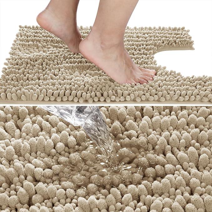 Yimobra Toilet Rug U Shaped Washable 24x24 Inch - Ultra Soft Absorbent Chenille Bath Rugs for Toilet, Quick Dry & Machine Washable, Non Slip Contour Bathroom Mat, Pale Khaki - ModernBath